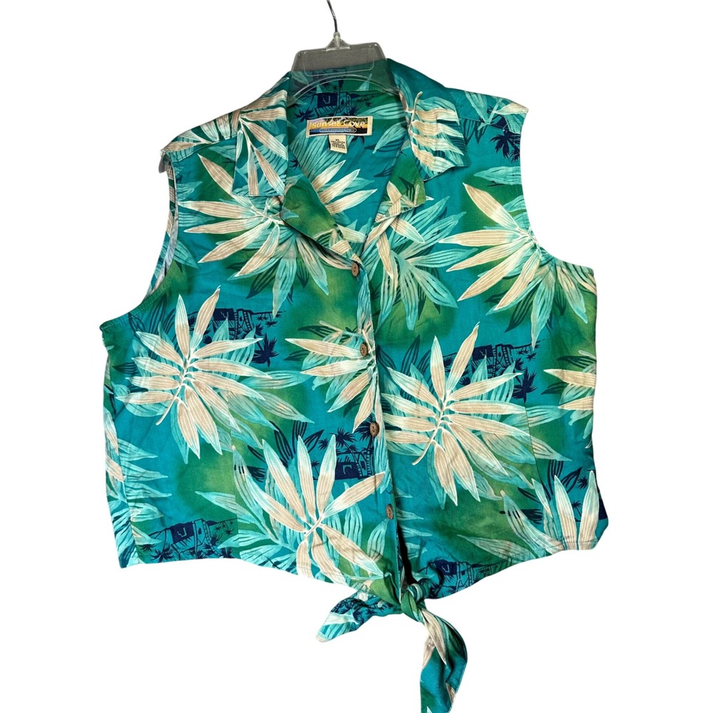 Sunset Cove Tropical Palm Leaf Tie Front Sleeveless Shirt XL Boho Resortwear